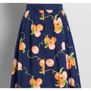 ModCloth A Line Vintage Era Summertime Peach Skirt Navy Blue Cotton Women Medium